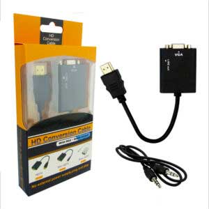 Convertidor HDMI-VGA con cable de audio 3.5mm, en caja de PVC.